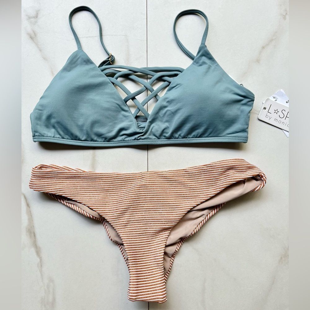Nwt Anthropologie l*space Jamie blue top PilyQ apperol striped ruched bikini